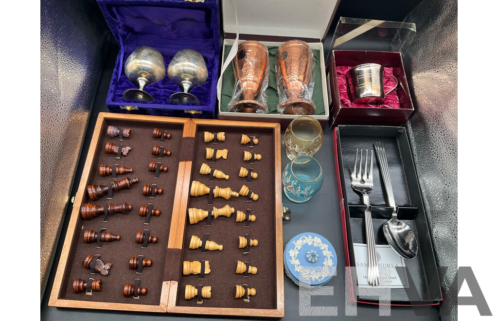 Vintage Collection of Trophy - Rodd Heirloom Double Plated Silver, Cooper Tumbler Set, Wood Chess Set, Stainless Steel Serving Cutlery and More