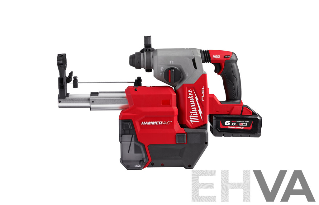 Milwaukee Hammervac Dust Extractor 18V (M18FDEX), Rotary Hammer (M18FH), Dust Trap and 12.0Ah, 6.0Ah Battery - Lot of 5