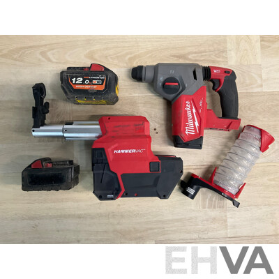 Milwaukee Hammervac Dust Extractor 18V (M18FDEX), Rotary Hammer (M18FH), Dust Trap and 12.0Ah, 6.0Ah Battery - Lot of 5
