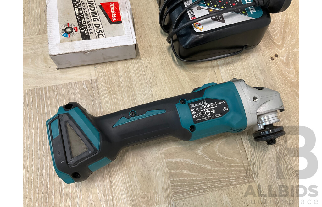 Makita 18V Brushless Angle Grinder DGA504 - Skin Only, Grinding Disc and Battery Charger - Lot of 3