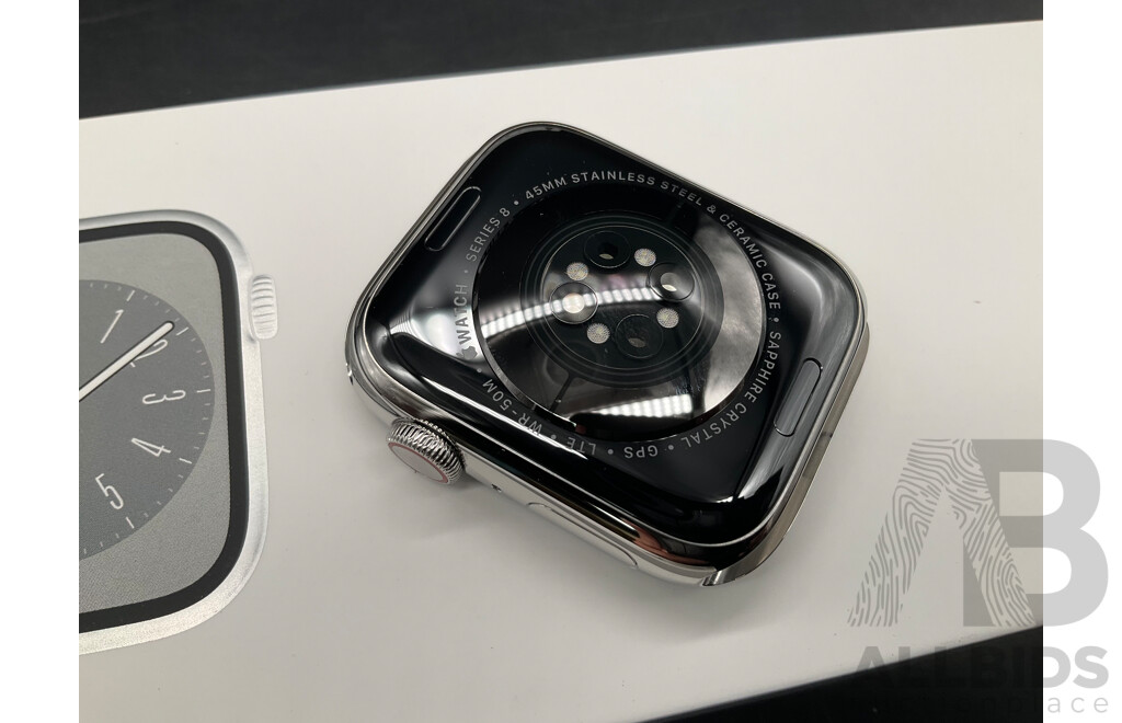 APPLE WATCH Series 8 - Silver Stainless Steel Case and White Sport Band 45mm - ORP $799