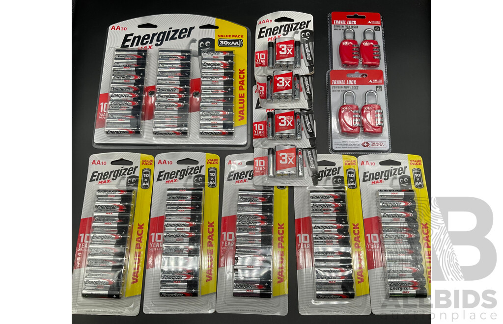 Assorted ENERGIZER Batteries and Travel Locks - Lot of 12