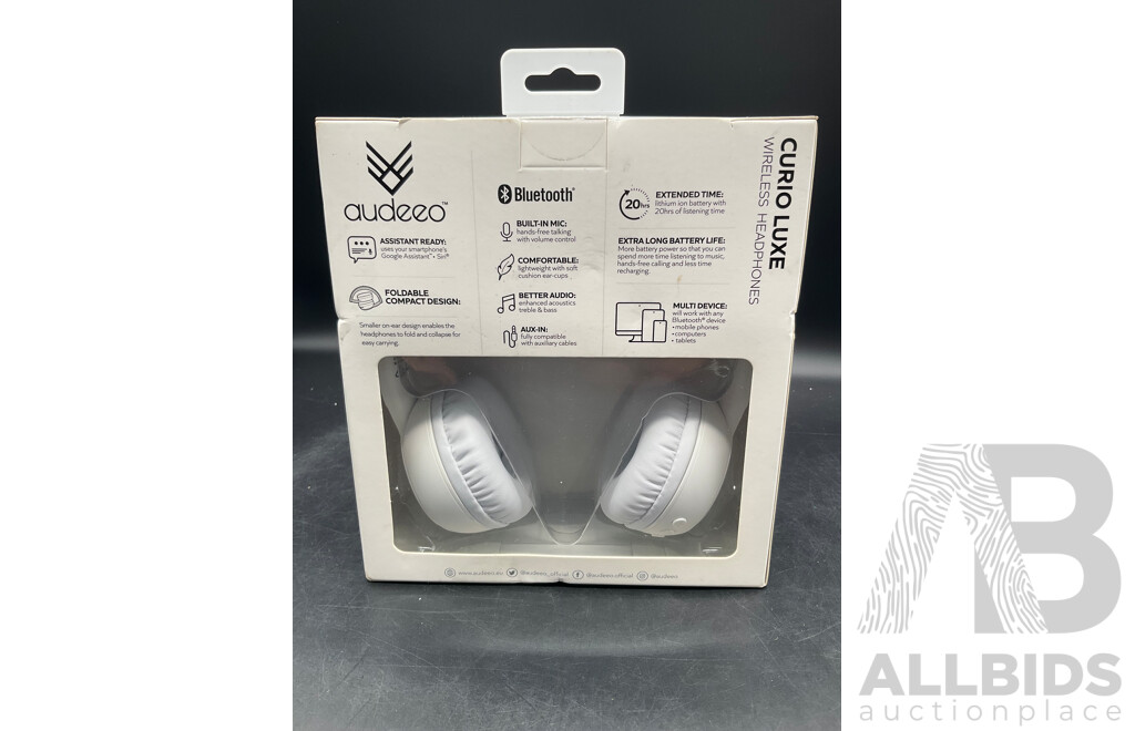 AUDEEO Curio Luxe Wireless Headphones (White) & SONIC B Wired Headphones