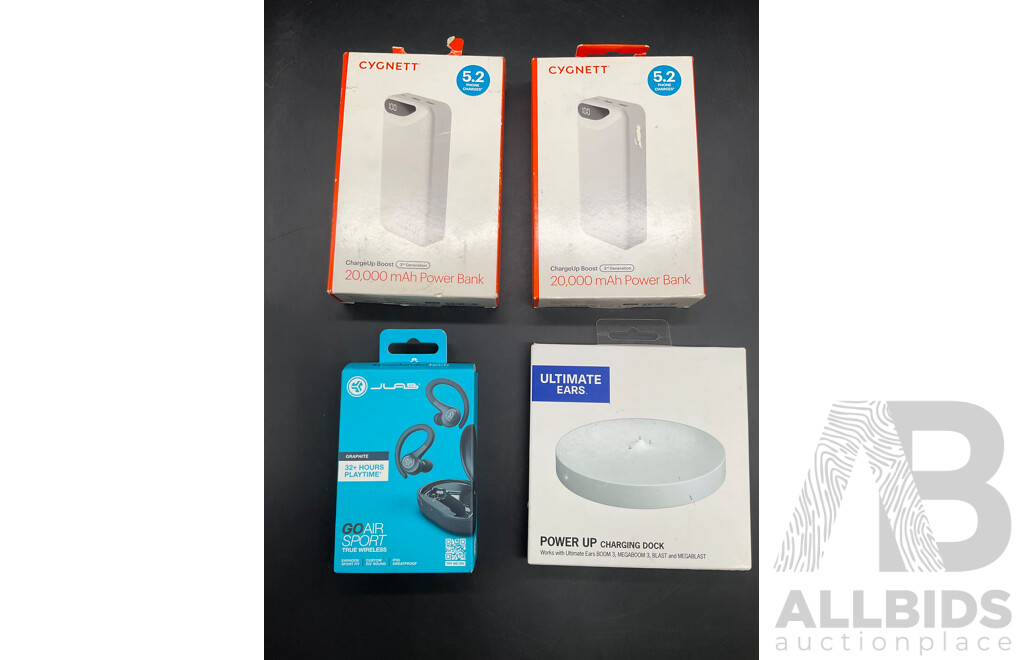 Assorted Electronics - CYGNETT Power Bank, Ultimate Ears Charging Dock and Jlab Wireless Sport True Earbuds - Lot of 4