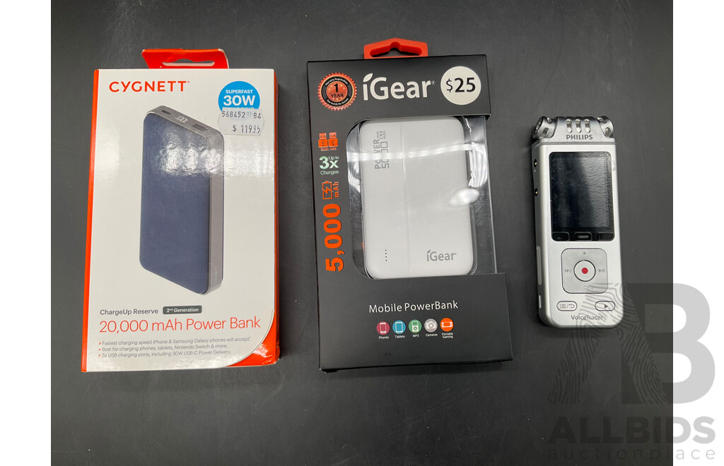 CYGNETT, IGEAR Power Bank and PHILIPS Voice Tracer - Lot of 3