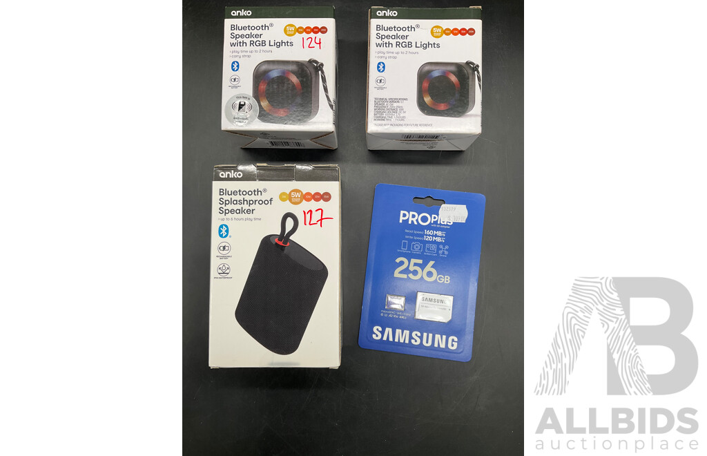 SAMSUNG 256GB Memory Card, ANKO Bluetooth Speakers - Lot of 4