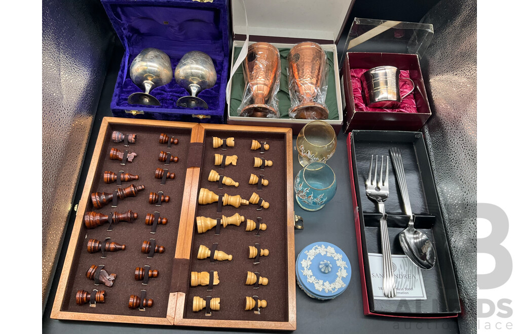 Vintage Collection of Trophy - Rodd Heirloom Double Plated Silver, Cooper Tumbler Set, Wood Chess Set, Stainless Steel Serving Cutlery and More