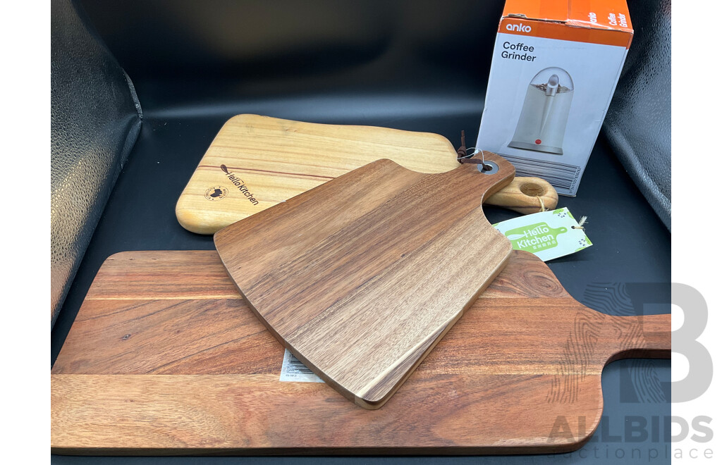 Assorted Wooden Cutting Boards and Anko Coffe Grinder  - Lot of 4