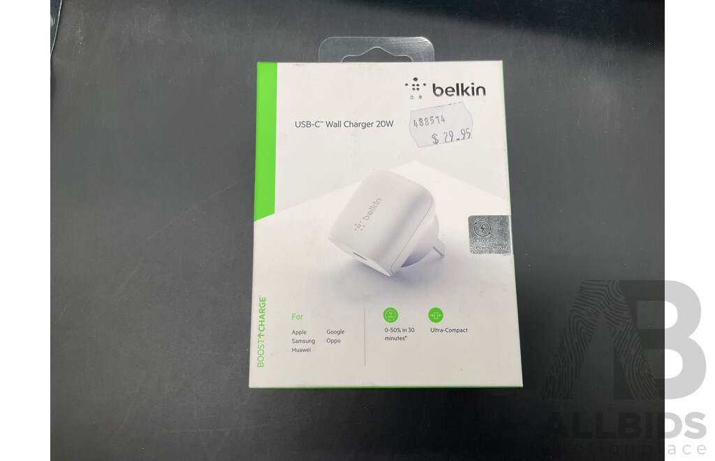 BELKIN USB-C Wall Charger, RAPOO Wireless Keyboard and Mouse and International Power Cord  - Lot of 4