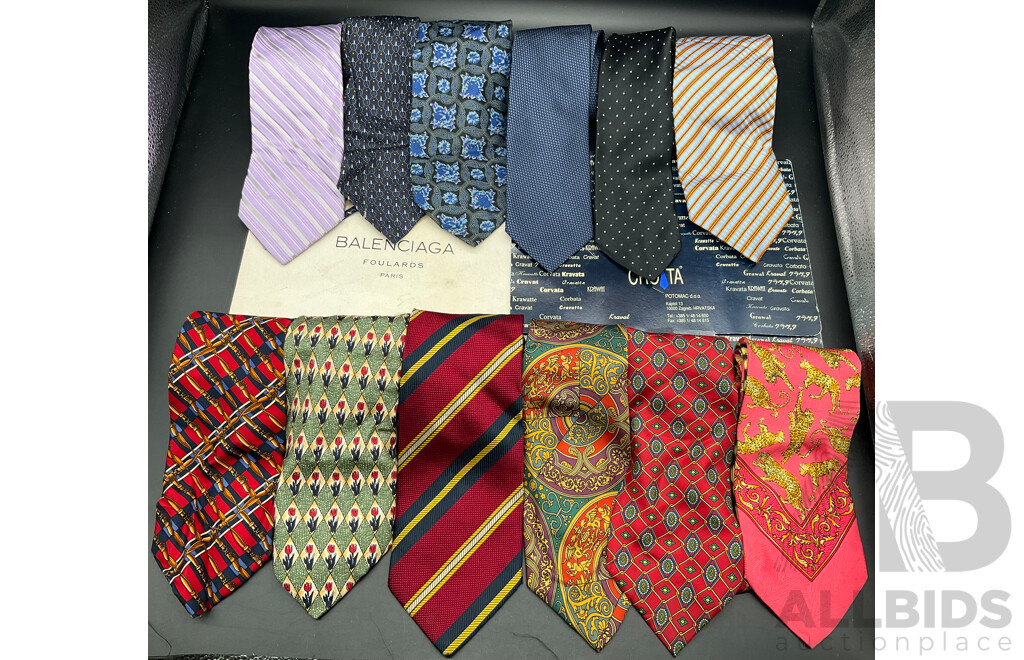 Men's Tie Lot Including GIANNI VERSACE, BALENCIAGA, VAN HEUSEN, VALENTINO, YVES SINT LAURENT, BEN SHERMN and  More - Lot of 14