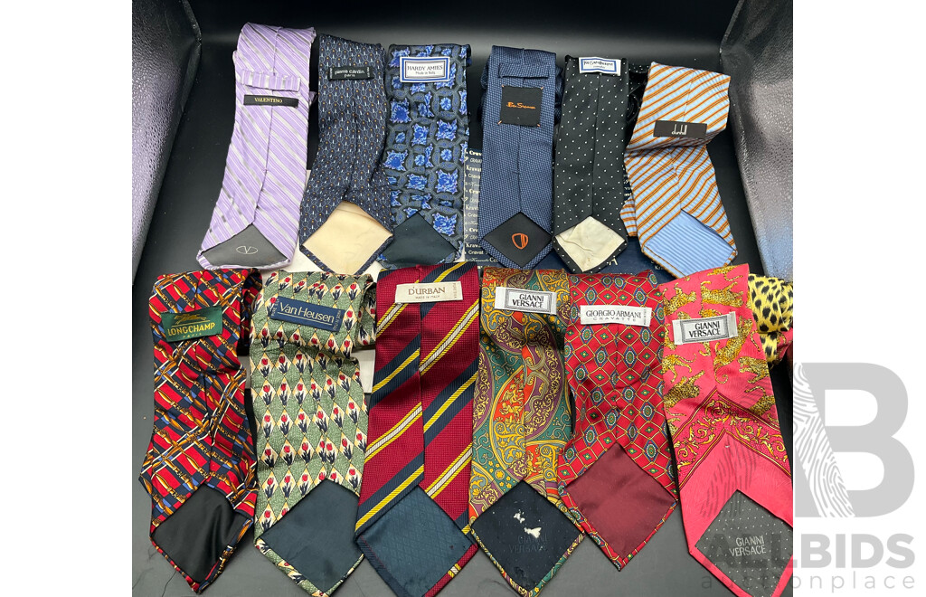 Men's Tie Lot Including GIANNI VERSACE, BALENCIAGA, VAN HEUSEN, VALENTINO, YVES SINT LAURENT, BEN SHERMN and  More - Lot of 14