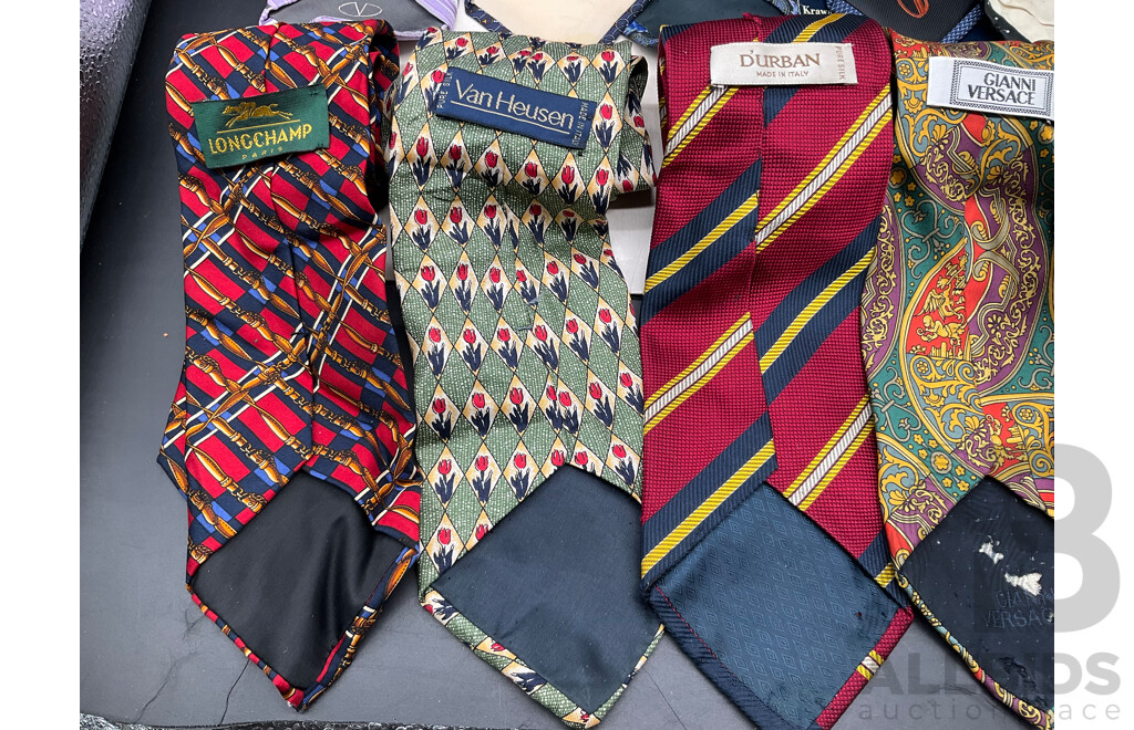 Men's Tie Lot Including GIANNI VERSACE, BALENCIAGA, VAN HEUSEN, VALENTINO, YVES SINT LAURENT, BEN SHERMN and  More - Lot of 14