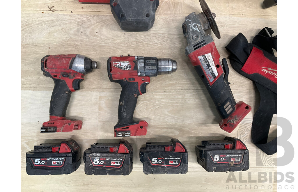 Milwakee 18V Power Tools, Battery Charger and 5.0Ah Batteries - Lot of 10