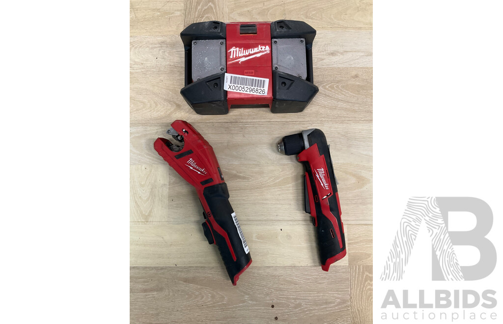 Milwaukee 12V Power Tools - Cordless Copper Tube Cutter Skin (C12PC), 10mm Right Angle Drill Skin (C12RAD) and Digital Radio Skin (hC12JSR)  - Lot of 3