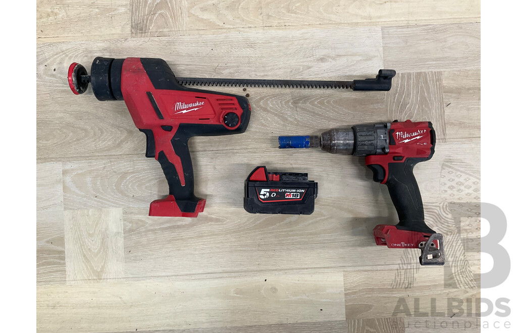 Milwaukee Fuel 18V Power Tools - Hammer Drill Driver (M18ONEPD2) Skin, Caulking Gun Skin (C18PCG) and 5.0AH Battery - Lot of 3