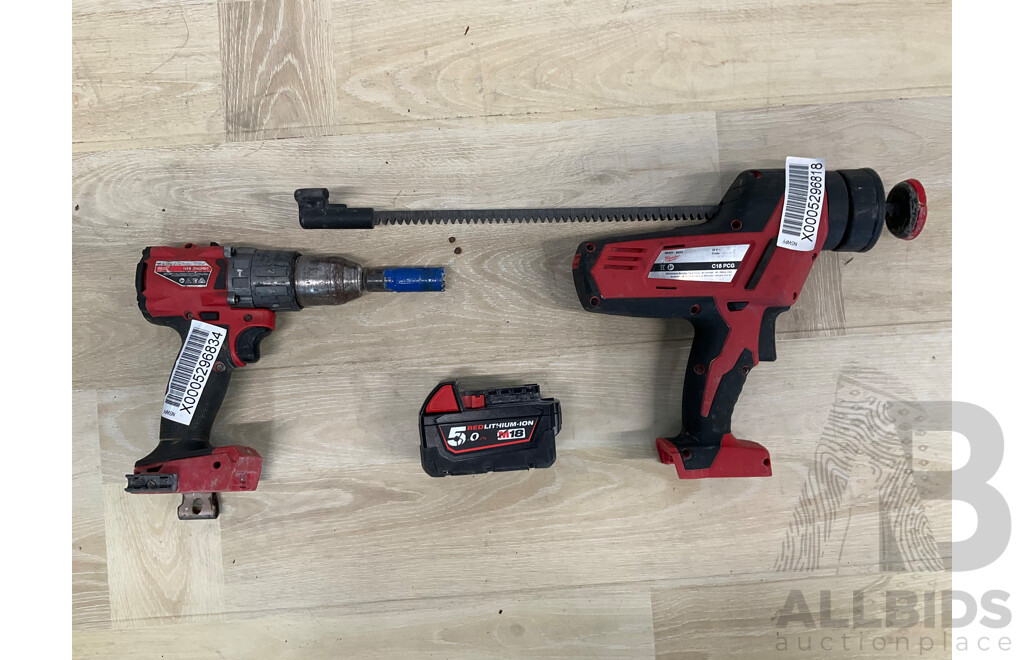 Milwaukee Fuel 18V Power Tools - Hammer Drill Driver (M18ONEPD2) Skin, Caulking Gun Skin (C18PCG) and 5.0AH Battery - Lot of 3