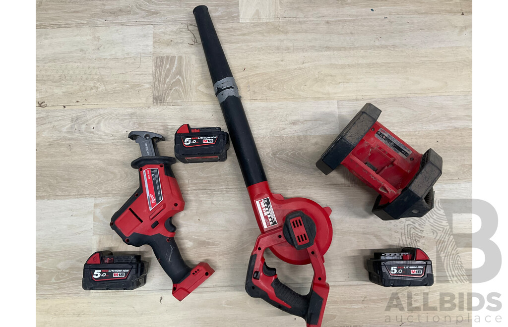 Milwaukee Fuel 18V Power Tools -  Reciprocating Saw Skin (M18FHZ), LED Area Light Skin (M18AL), Compact Blower Skin (M18BBL) and 3x 5.0AH Battery - Lot of 6