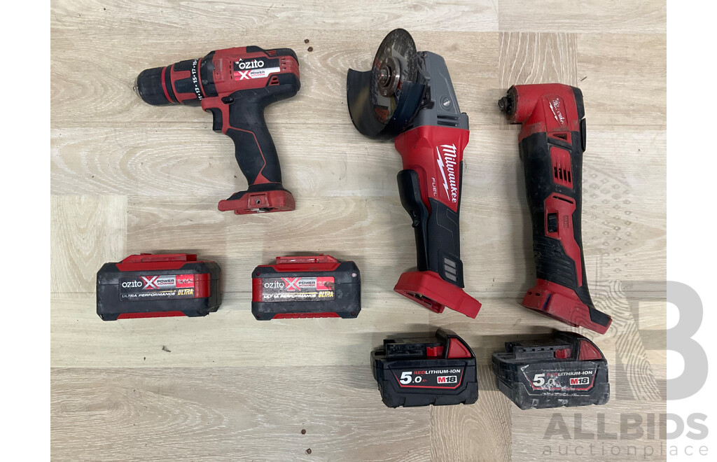 Milwaukee Fuel 18V Power Tools - Fuel Braking Angle Grinder (M18CAG125XPD), Multi Tool 1(M18BMT ) and 2x 5.0AH Battery, OZITO Hammer Drill with 2 Batteries - Lot of 7