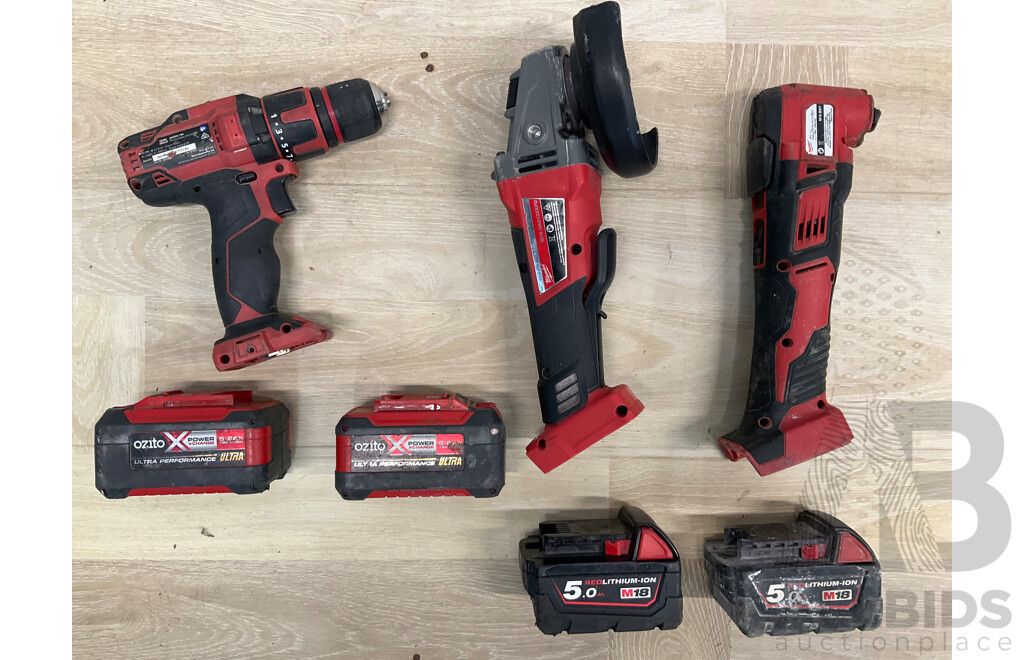 Milwaukee Fuel 18V Power Tools - Fuel Braking Angle Grinder (M18CAG125XPD), Multi Tool 1(M18BMT ) and 2x 5.0AH Battery, OZITO Hammer Drill with 2 Batteries - Lot of 7