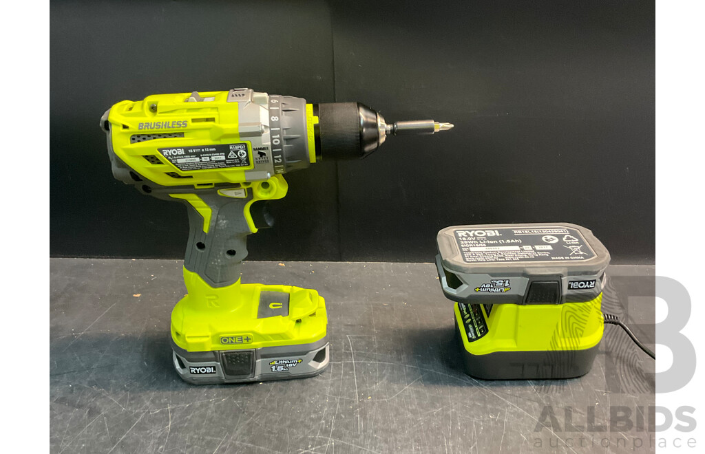 Ryobi 18V ONE+ HP Brushless Premium Hammer Drill W/ Battery, Drill Piece Kits & Charger