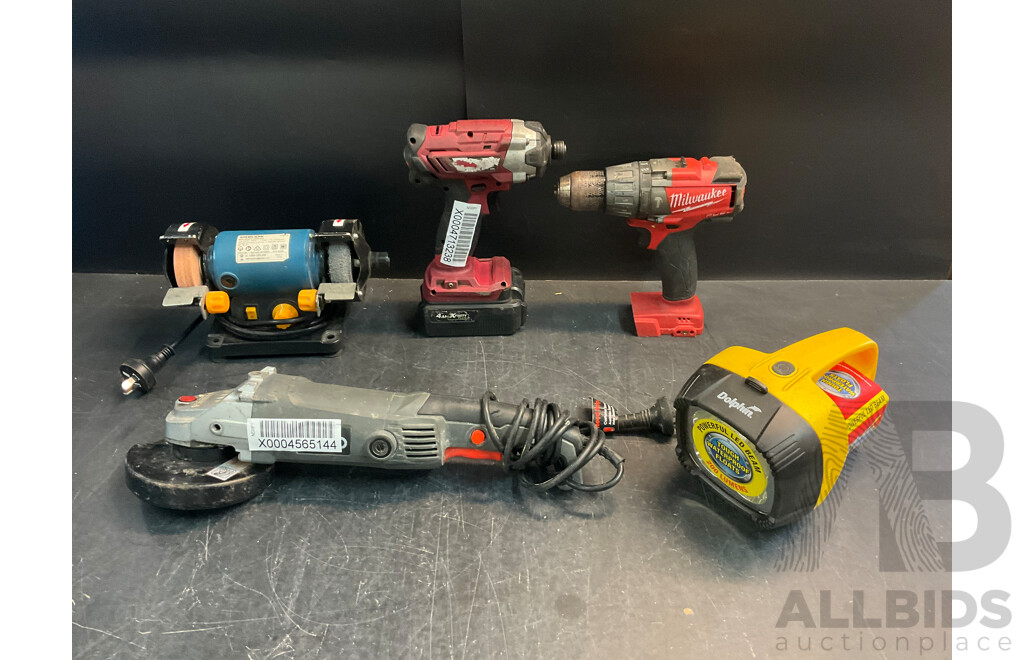 Milwaukee & Workzone Drills, Ozito Angle Grinder, Workzone Mini Bench Grinder & Dolphin Flashlight