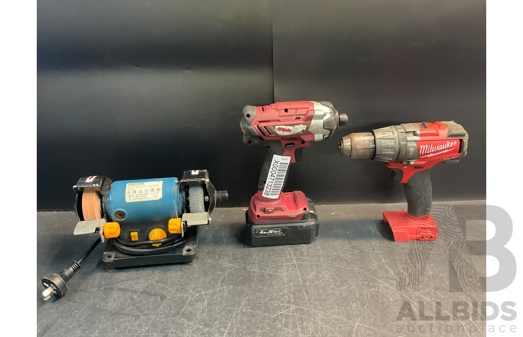 Milwaukee & Workzone Drills, Ozito Angle Grinder, Workzone Mini Bench Grinder & Dolphin Flashlight