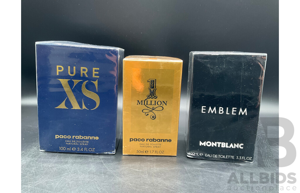 PURE XS  Paco Rabanne, 1 MILLION Paco Rabanne and EMBLEM MontBlanc Perfumes  - Lot of 3