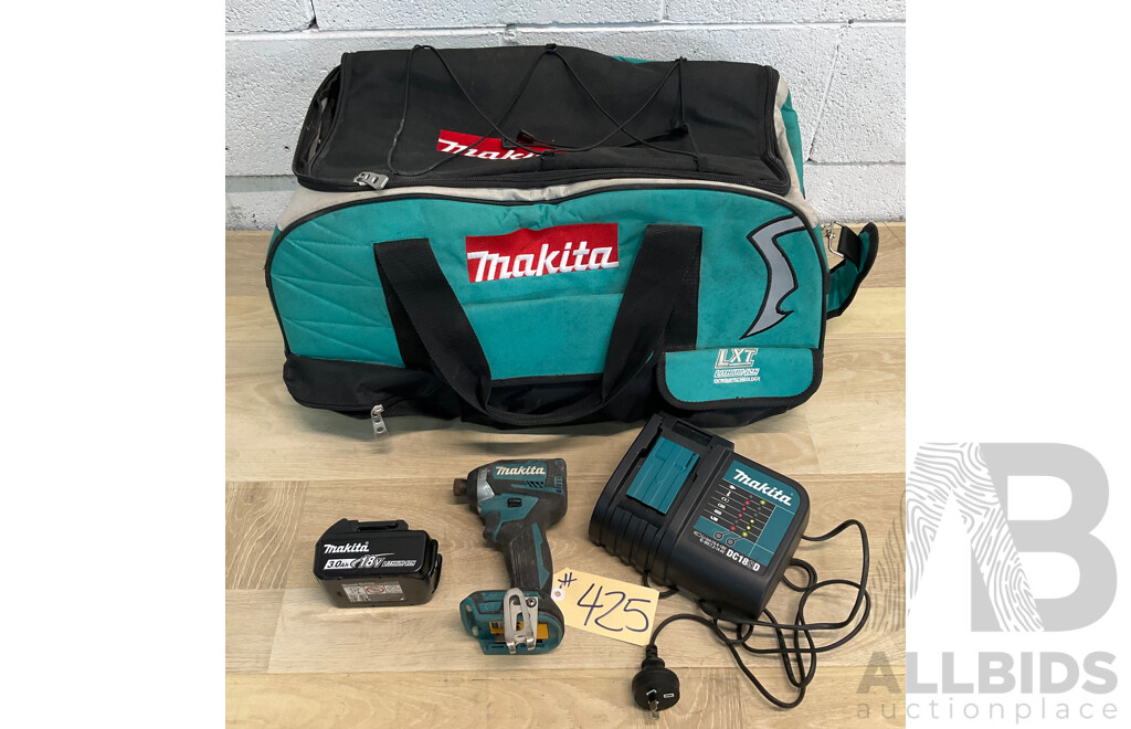 Makita 18V Compact Brushless 3-Stage Impact Driver (DTD154) - Skin Only, Charger, 3.0Ah Battery and Carry Bag - Lot of 4