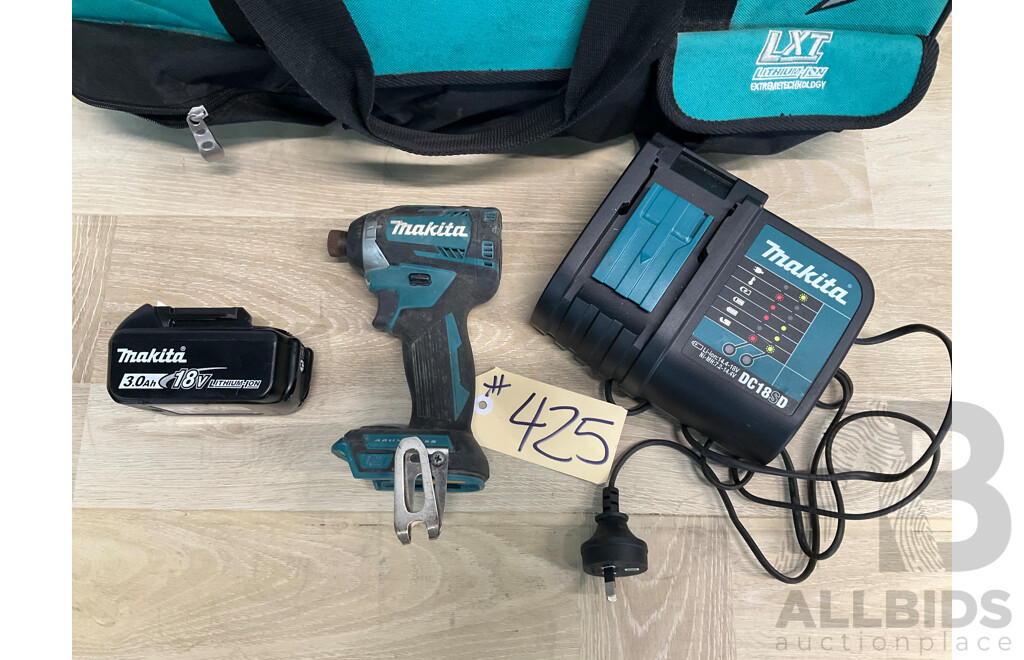 Makita 18V Compact Brushless 3-Stage Impact Driver (DTD154) - Skin Only, Charger, 3.0Ah Battery and Carry Bag - Lot of 4