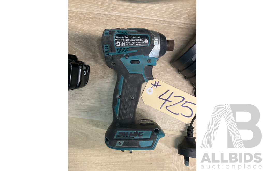 Makita 18V Compact Brushless 3-Stage Impact Driver (DTD154) - Skin Only, Charger, 3.0Ah Battery and Carry Bag - Lot of 4