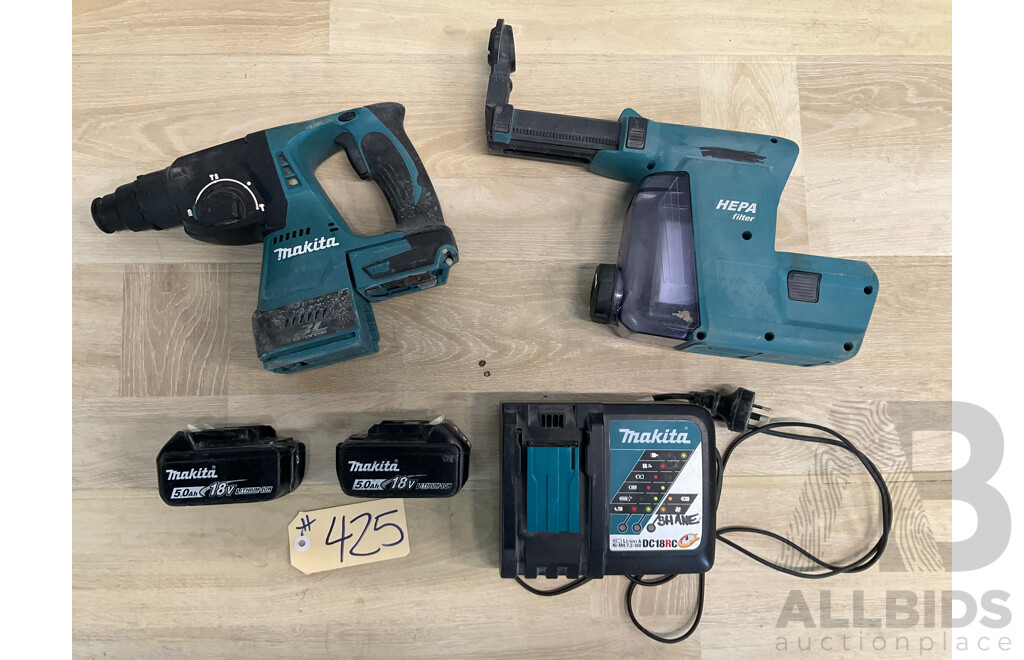 Makita 18V Rotary Hammer DHR242 - Skin Only, Dust Extraction (DX06)  - Skin Only,  Charger and  2x 5.0 Ah Battery - Lot of 5