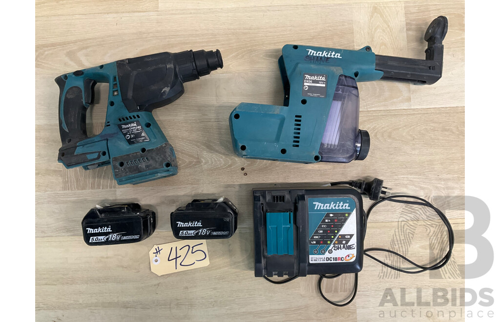 Makita 18V Rotary Hammer DHR242 - Skin Only, Dust Extraction (DX06)  - Skin Only,  Charger and  2x 5.0 Ah Battery - Lot of 5