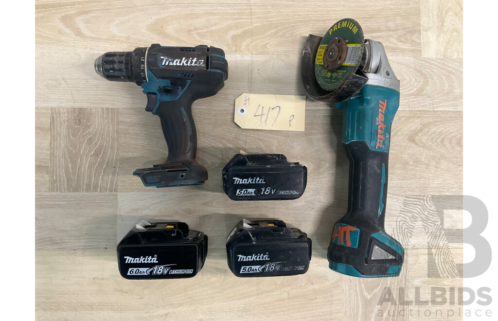 Makita 18V Drill Driver Skin (DDF482), Angle Grinder Skin (DGA504) and  1x 6.0Ah and 2x 5.0 Ah Battery - Lot of 5