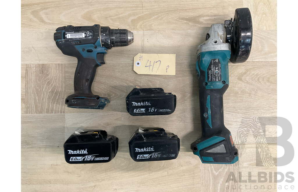 Makita 18V Drill Driver Skin (DDF482), Angle Grinder Skin (DGA504) and  1x 6.0Ah and 2x 5.0 Ah Battery - Lot of 5