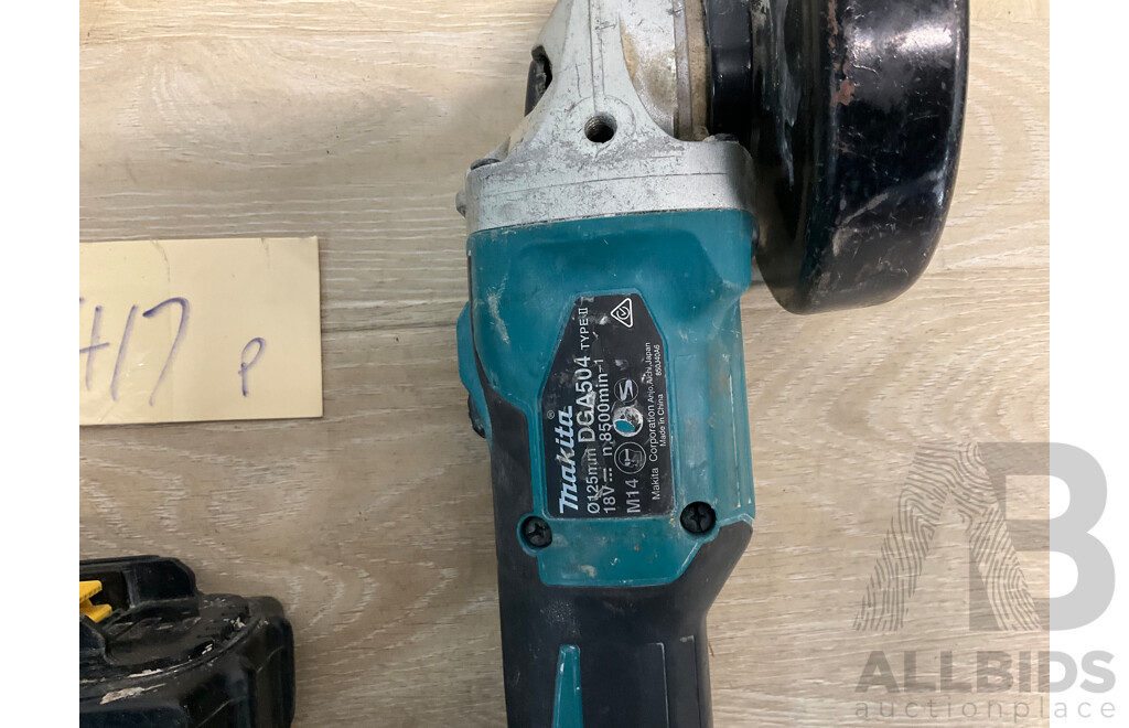 Makita 18V Drill Driver Skin (DDF482), Angle Grinder Skin (DGA504) and  1x 6.0Ah and 2x 5.0 Ah Battery - Lot of 5