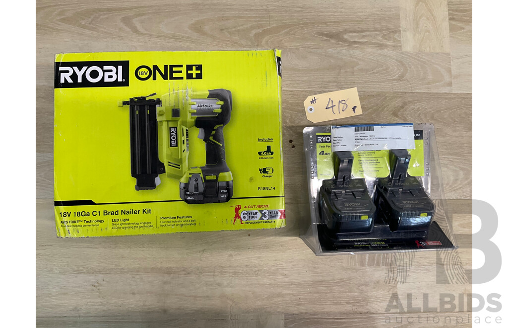 Ryobi 18V ONE+ 18GA Brad Nailer and Twin Pack 4.0Ah Battery - Lot of 2