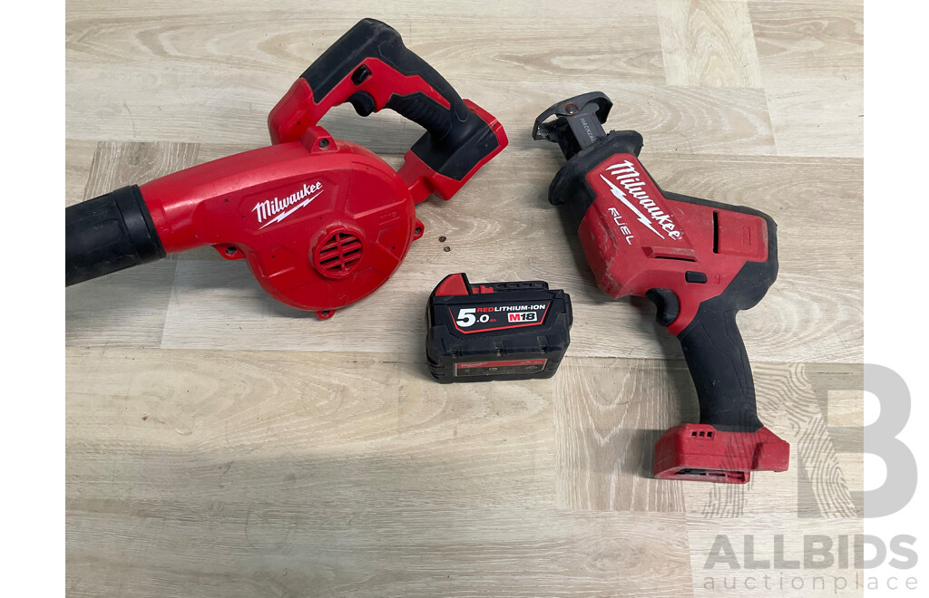 Milwaukee 18V Compact Blower (M18BBL), M18 FUEL Reciprocating Saw (M18FHZ) and 5.0AH Battery - Lot of 3