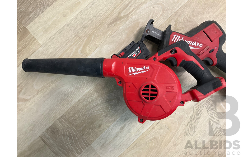 Milwaukee 18V Compact Blower (M18BBL), M18 FUEL Reciprocating Saw (M18FHZ) and 5.0AH Battery - Lot of 3