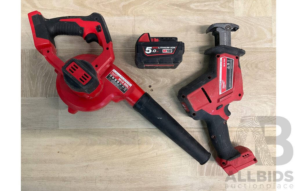 Milwaukee 18V Compact Blower (M18BBL), M18 FUEL Reciprocating Saw (M18FHZ) and 5.0AH Battery - Lot of 3