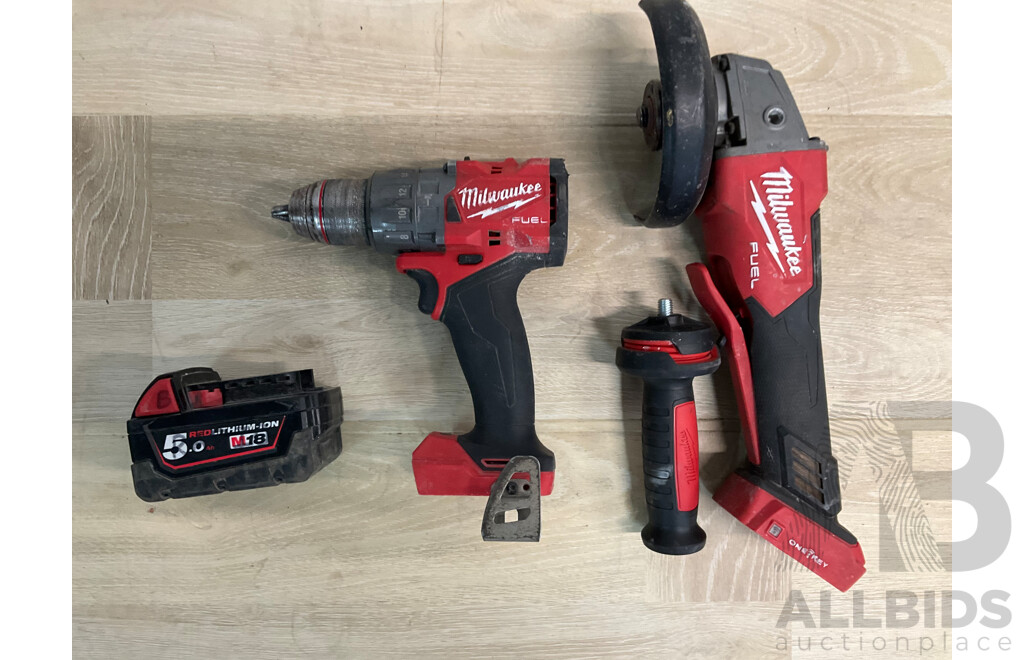 Milwaukee Fuel Hammer Drill/Driver (M18FPD3), Angle Grinder (M18ONEFAG125XPDB) and 5.0AH Battery - Lot of 3