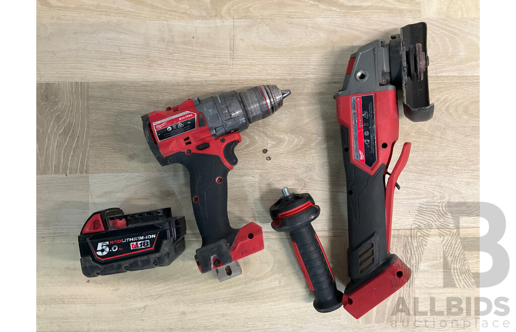 Milwaukee Fuel Hammer Drill/Driver (M18FPD3), Angle Grinder (M18ONEFAG125XPDB) and 5.0AH Battery - Lot of 3