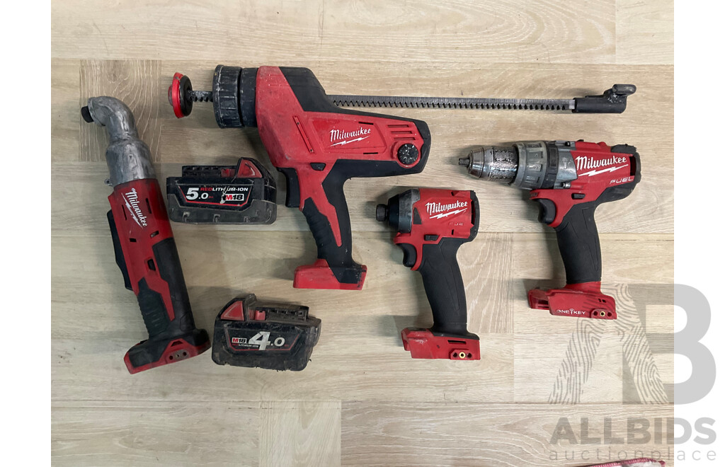 Milwaukee Fuel 18V Power Tools - Hammer Drill Driver (M18ONEPD) , Caulking Gun  (C18PCG), Impact Driver Skin (FID2), Right Angle Impact Driver  (M18BRAID) and 4.0Ah, 5.0Ah Battery - Lot of 6