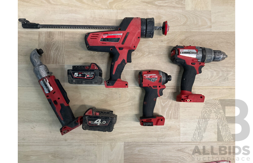 Milwaukee Fuel 18V Power Tools - Hammer Drill Driver (M18ONEPD) , Caulking Gun  (C18PCG), Impact Driver Skin (FID2), Right Angle Impact Driver  (M18BRAID) and 4.0Ah, 5.0Ah Battery - Lot of 6