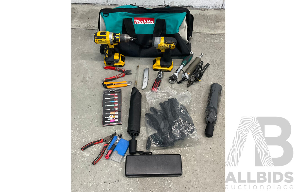 Dewalt DCD790-XE, DCF885-XE Drills & 18v Batteries (x2), Makita Bag & Assorted Tools