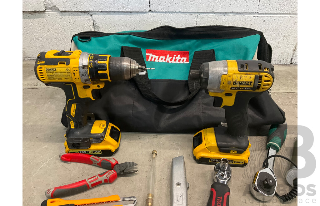 Dewalt DCD790-XE, DCF885-XE Drills & 18v Batteries (x2), Makita Bag & Assorted Tools