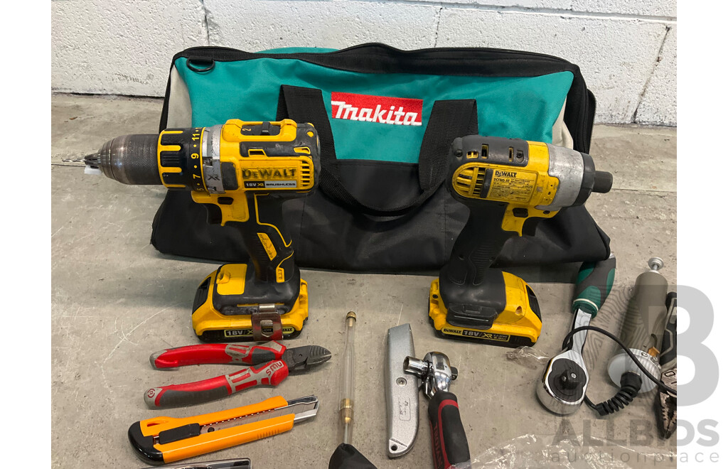 Dewalt DCD790-XE, DCF885-XE Drills & 18v Batteries (x2), Makita Bag & Assorted Tools