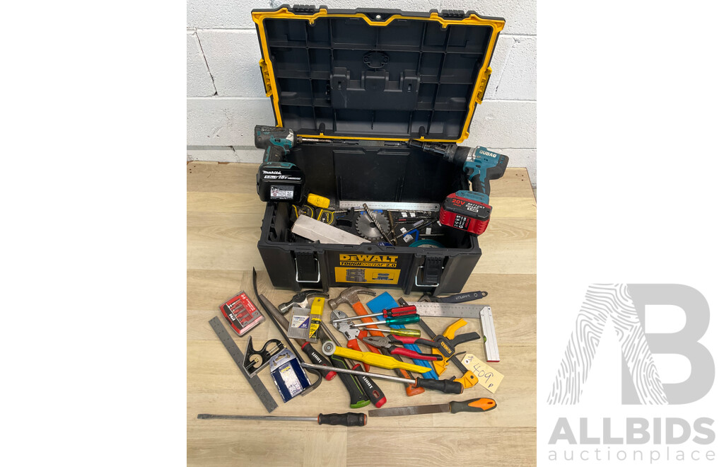 DeWALT TOUGHSYSTEM 2.0 Plastic Tool Box, Assorted Tools, Makita 18V Impact Driver Skin (DTD153) with 5.0Ah Battery and Electric Rivet Gun with Wrench