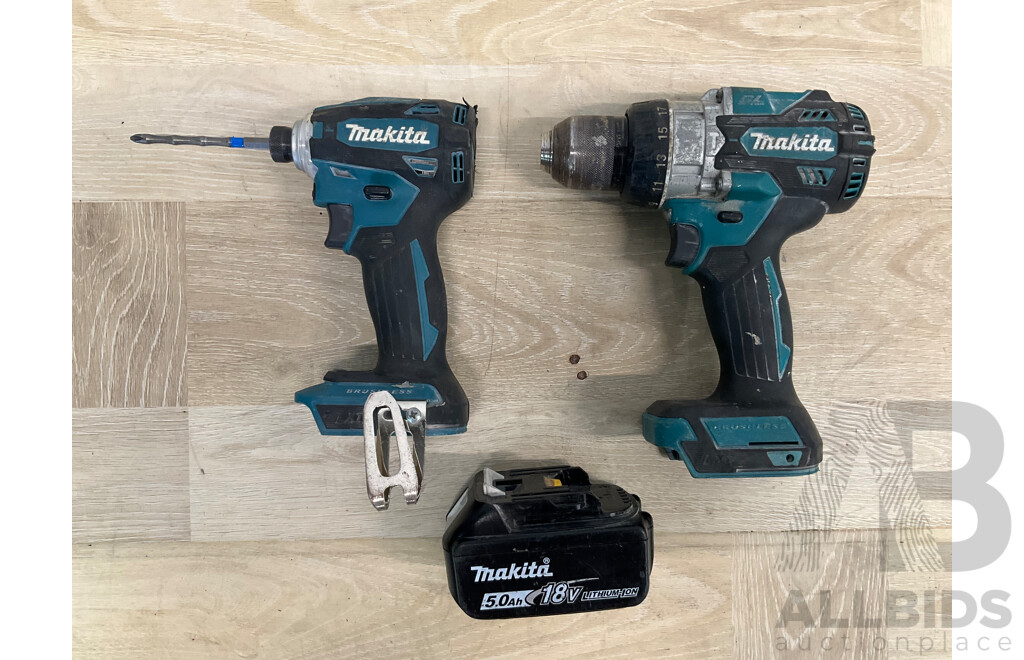 Makita 18V Power Tools - Brushless Hammer Driver Drill  (DHP486), Brushless Impact Driver (DTD172) and 5.0Ah Battery - Lot of 3