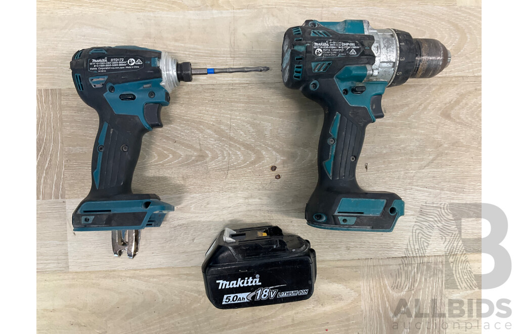 Makita 18V Power Tools - Brushless Hammer Driver Drill  (DHP486), Brushless Impact Driver (DTD172) and 5.0Ah Battery - Lot of 3