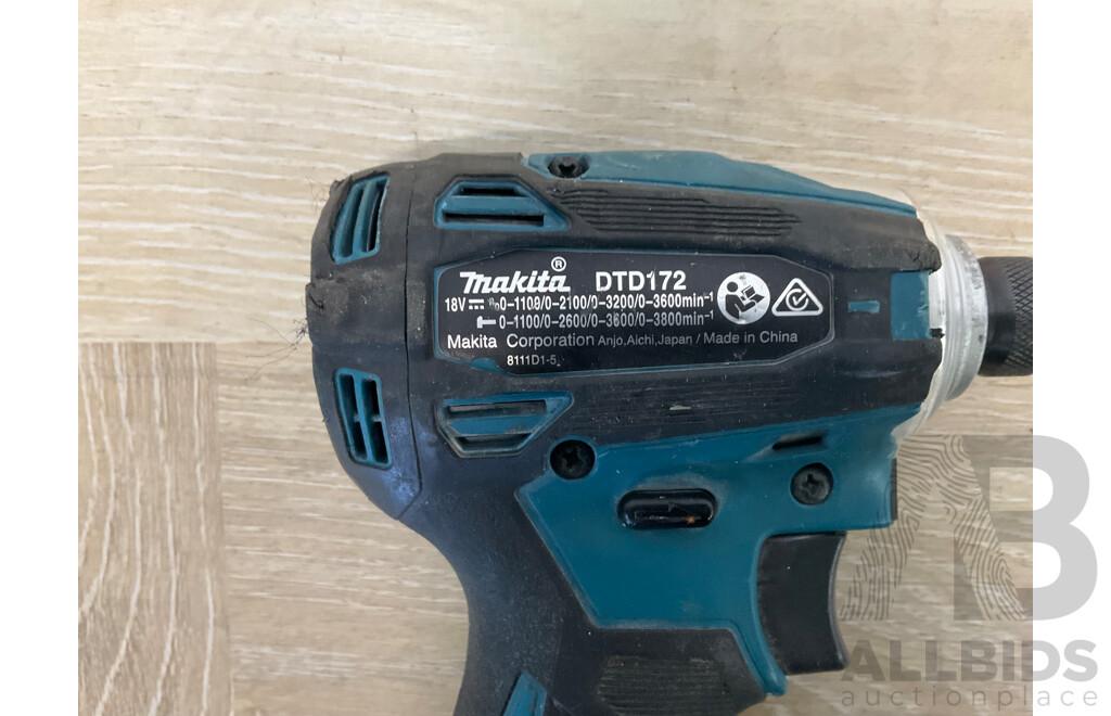 Makita 18V Power Tools - Brushless Hammer Driver Drill  (DHP486), Brushless Impact Driver (DTD172) and 5.0Ah Battery - Lot of 3